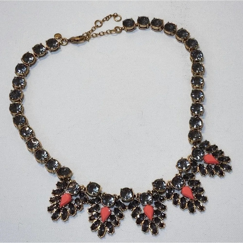 J. Crew navy‎ and coral jeweled art deco BRÛLÉE statement necklace